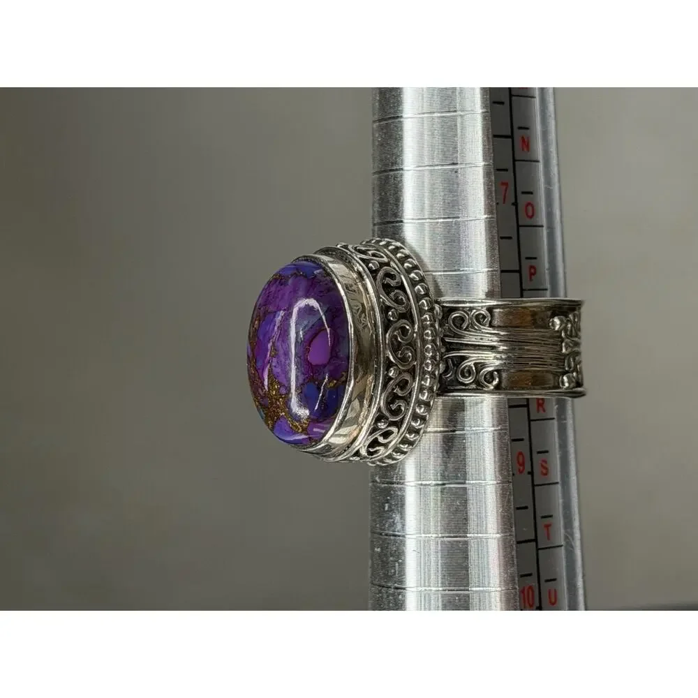 Purple Copper Turquoise Gemstone Ring 925 Sterling Silver Ring Scroll Band 8.5